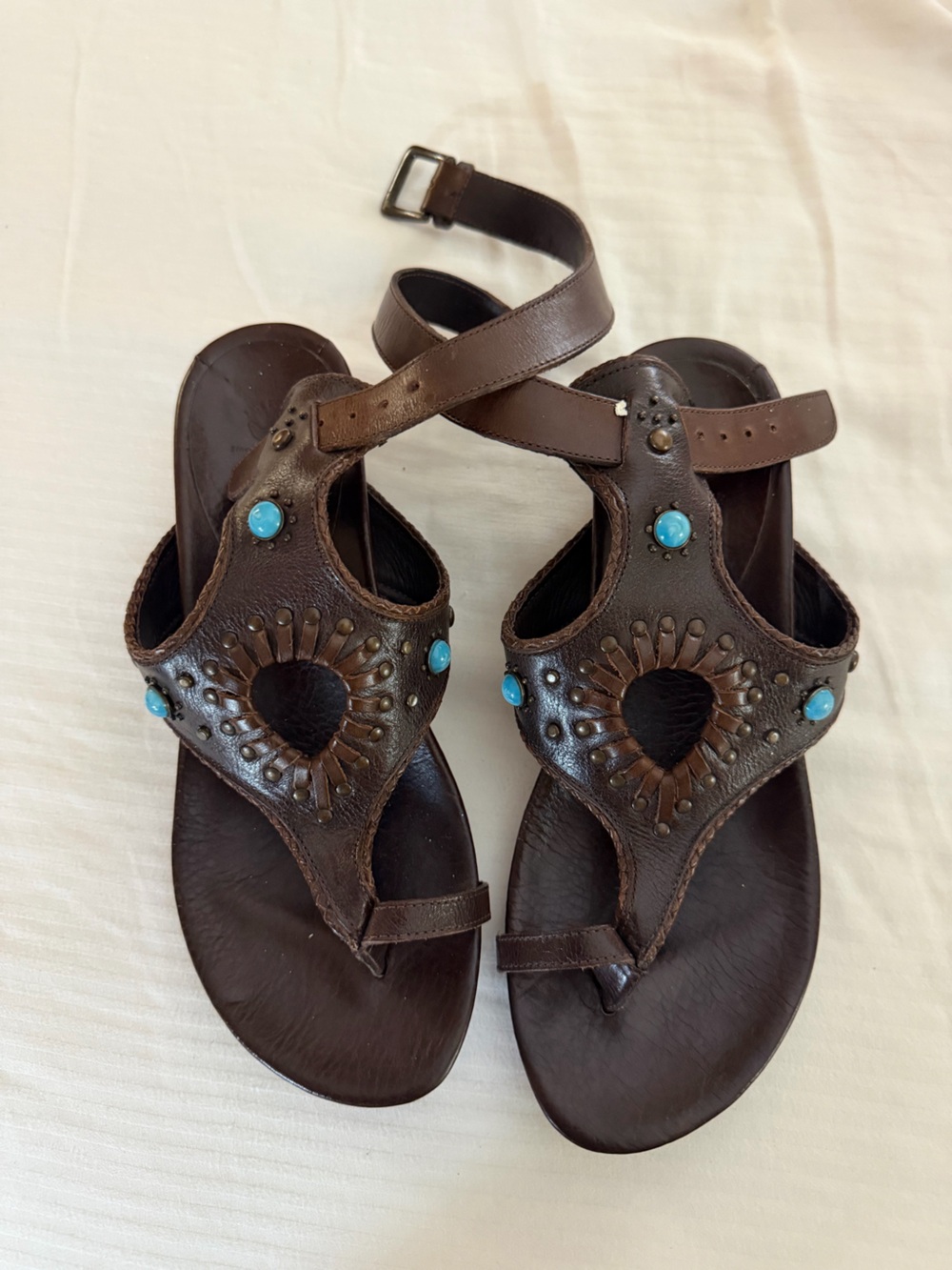 Women's Brown Leather Sandals with Turquoise Accents